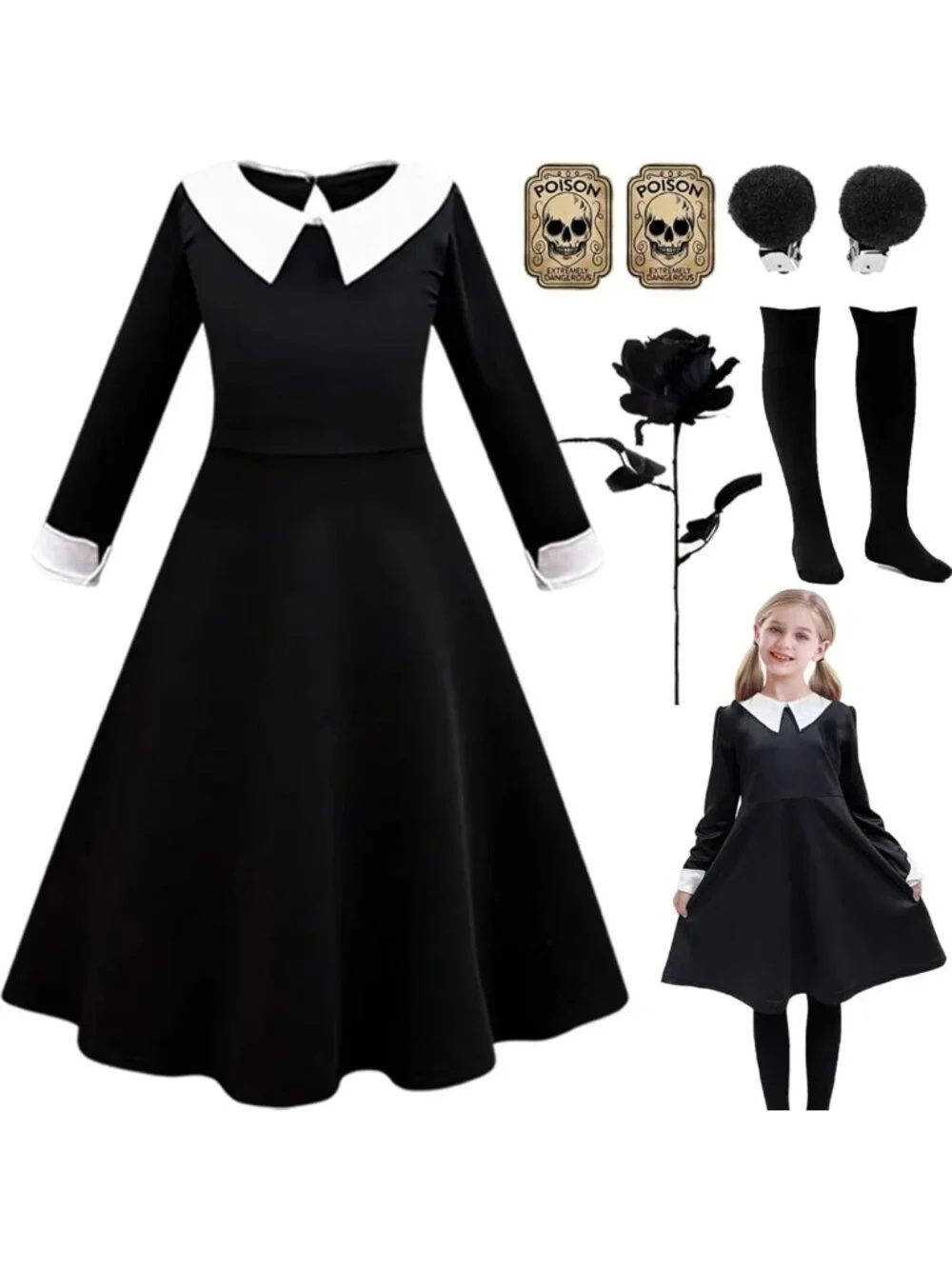 Girls' Merlina Halloween Costume - Black Dress, Socks, Earrings & Stickers
